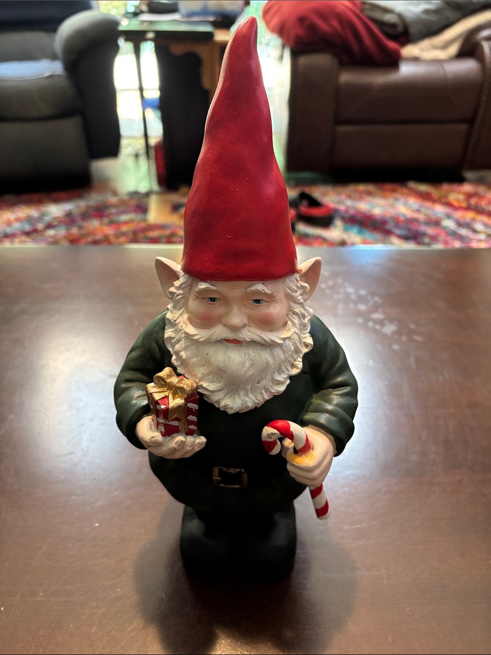 Kirklands Christmas Red Hat Gnome with Green Coat Holding Gift & Candy Cane